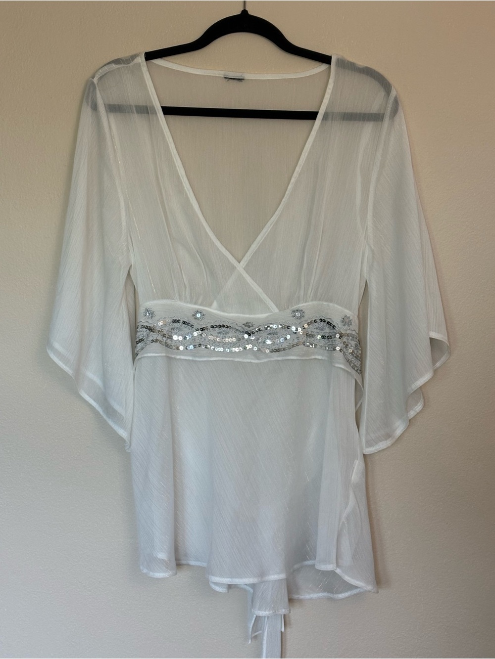 Sheer White Y2K Fairy Sequin Wrap Top